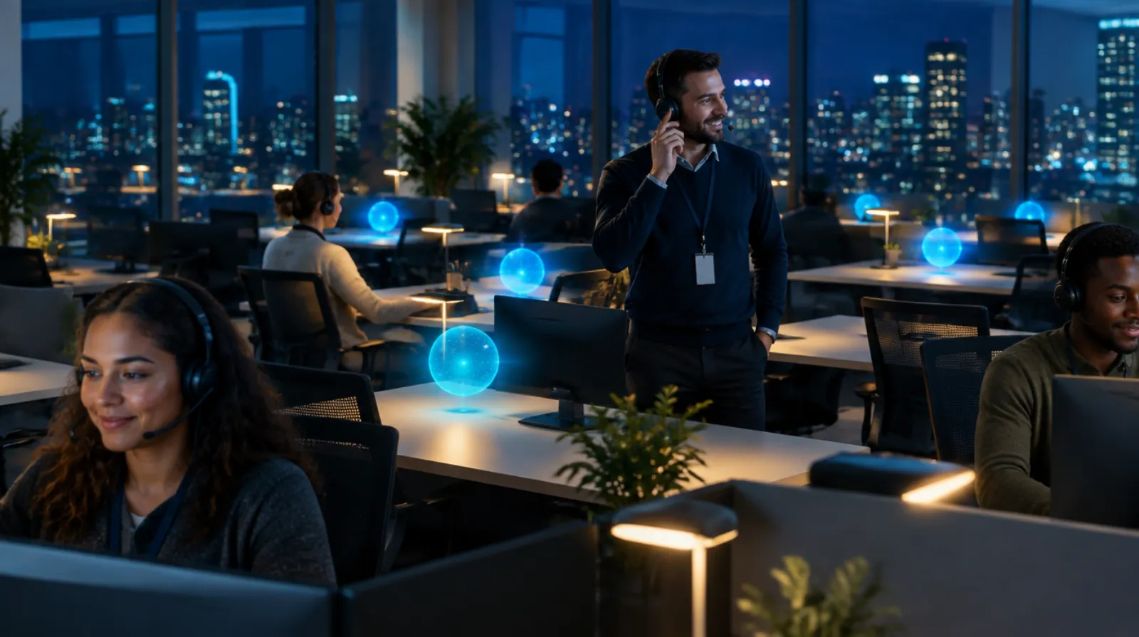 Call centre team with headsets taking calls at night
