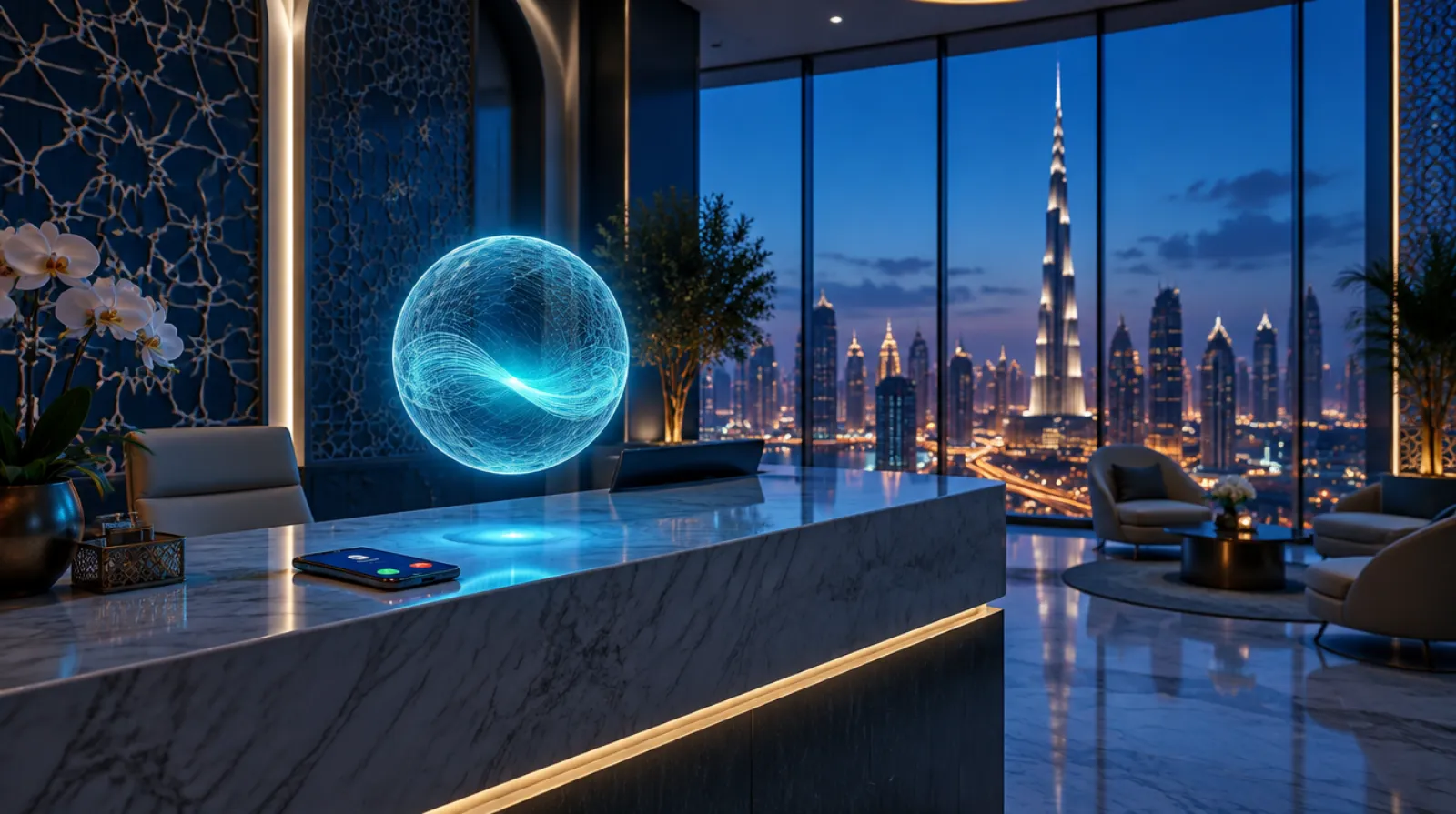 Clinic reception in Dubai at night