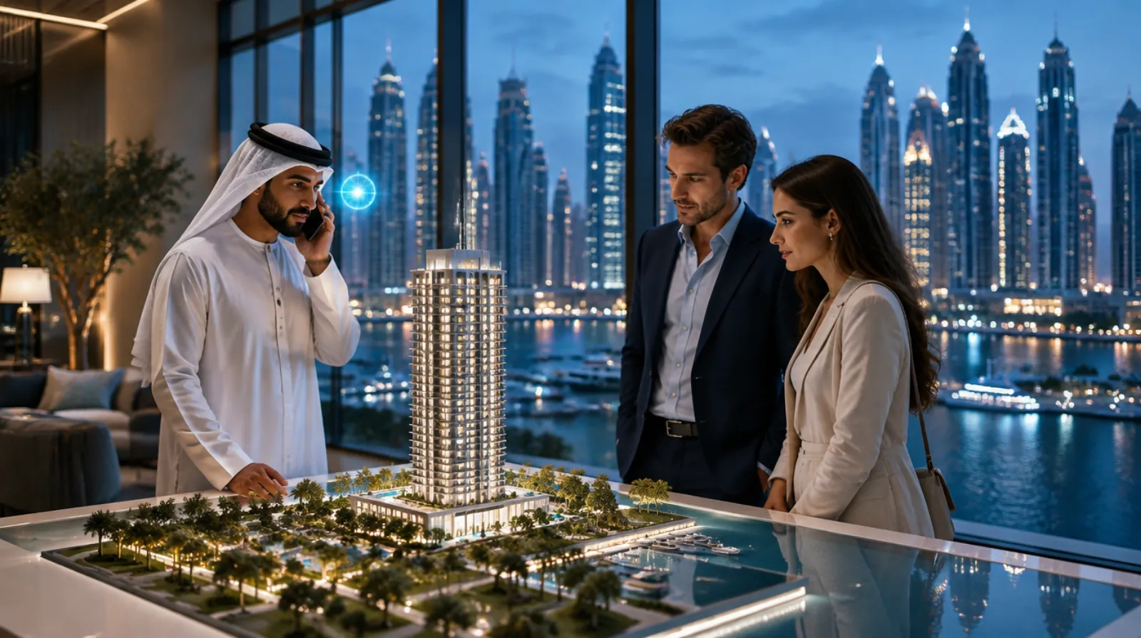 Sales consultant on a call beside a tower model in a Dubai Marina sales centre