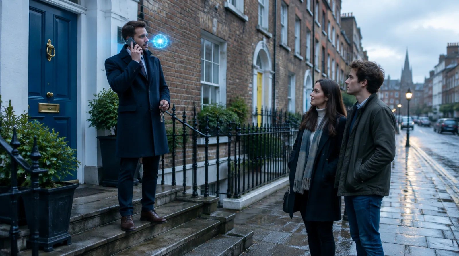 Letting agent on a call outside a Georgian house in Dublin before a viewing