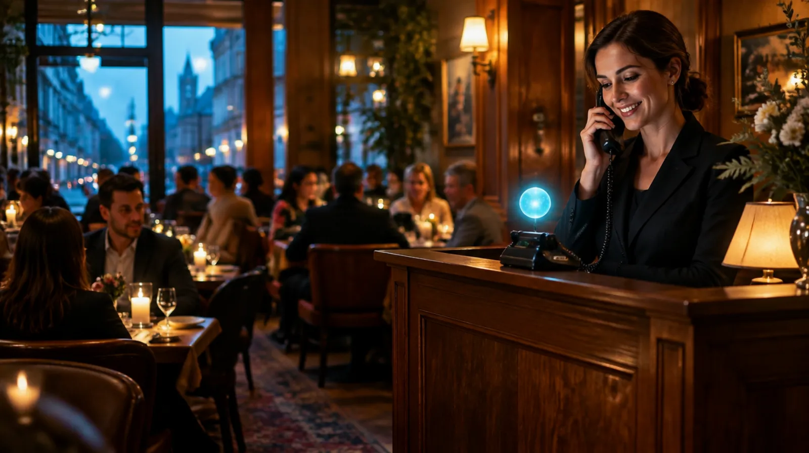 Restaurant host in Dublin answering the phone during a busy evening