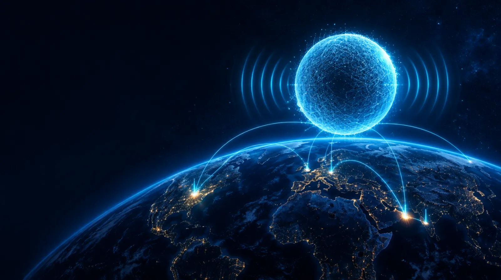 Glowing orb above the Earth connecting cities