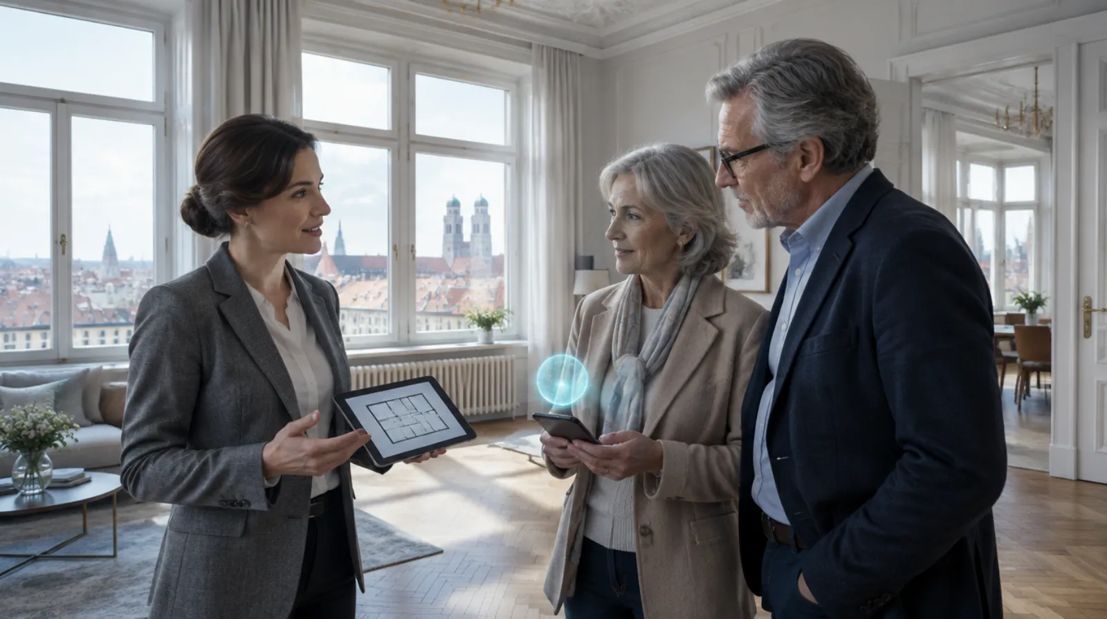 Estate agent discussing an apartment valuation with an owner couple in Munich