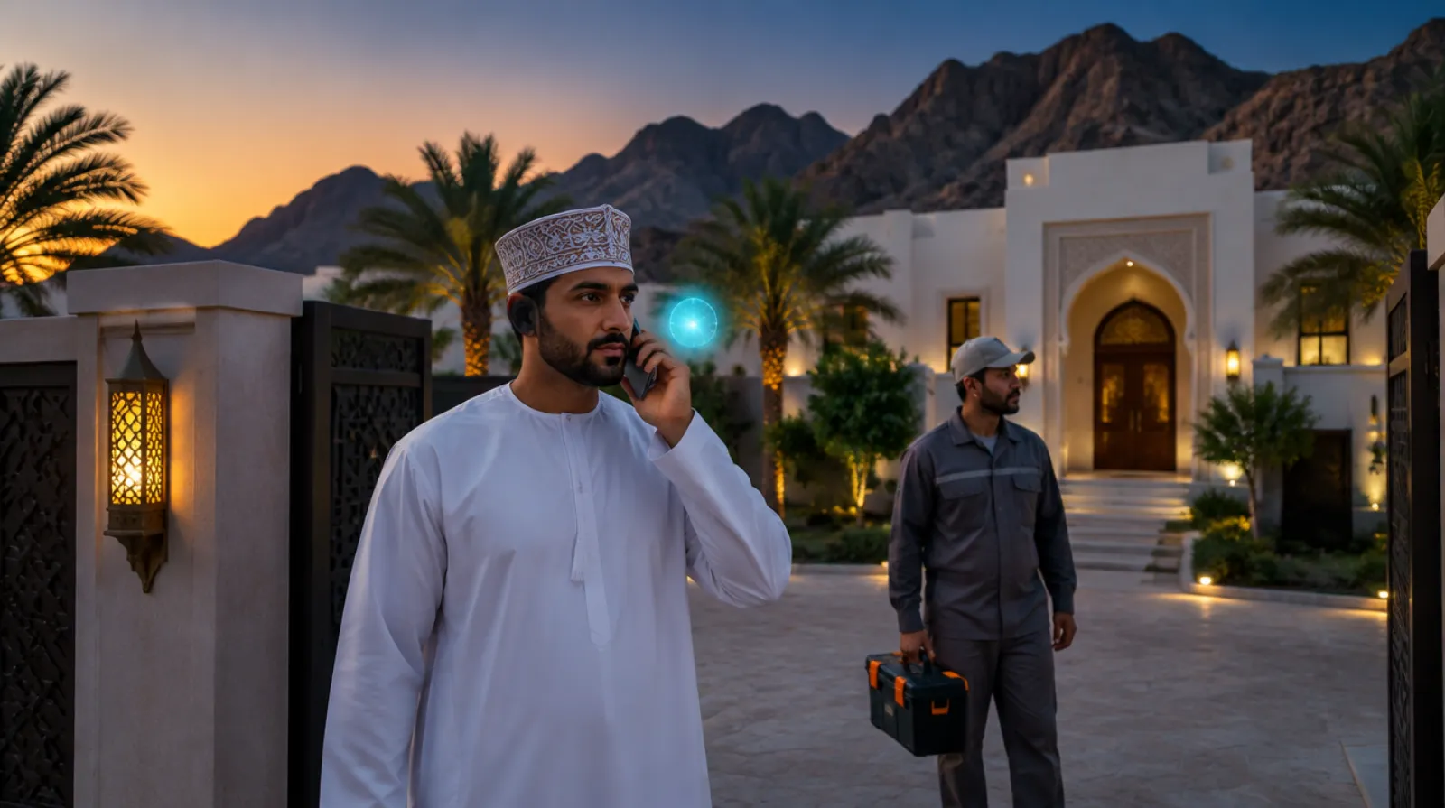 Property manager on a call at the gate of a villa compound in Muscat